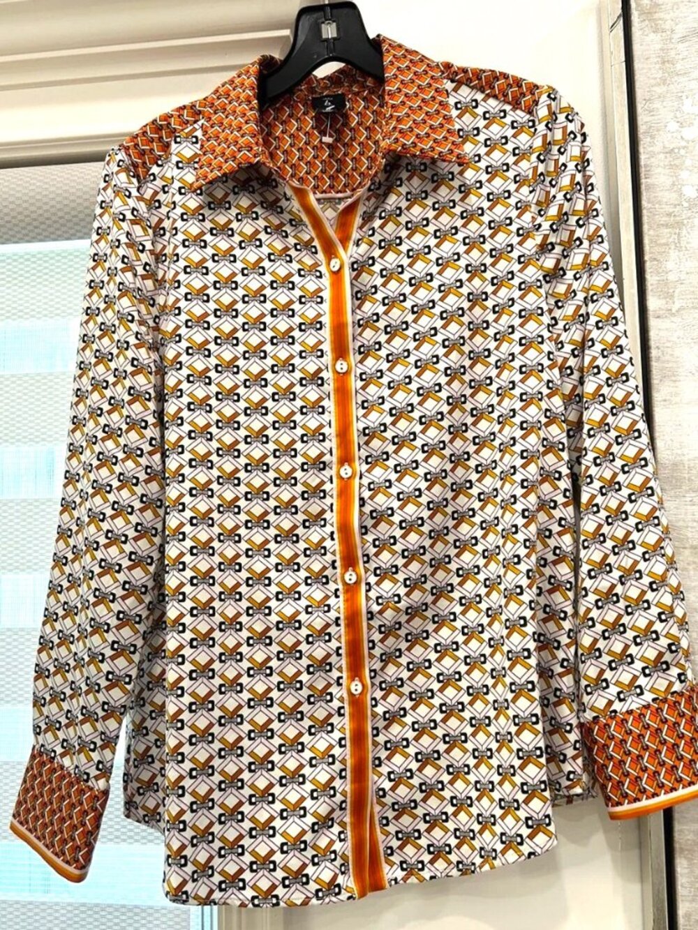 Casual Women's Geometric Button-Down Blouse Shirt - Brown/White/Orange